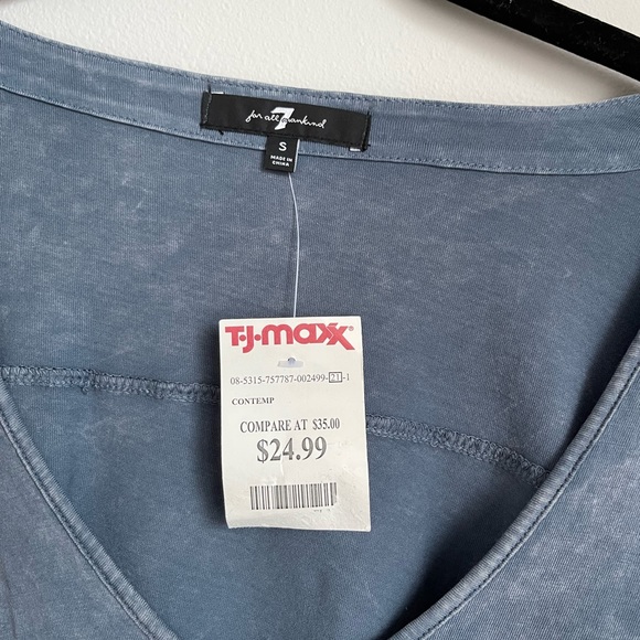 7 For All Mankind Blue Puff Shoulder Long Sleeve V-Neck Shirt Size Small - Picture 4 of 9